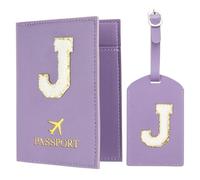 PATIKIL Passport Holder for Travel, Initial Passport Cover and Luggage Tag Set with Alphabet Chenille Letter Patch Travel Wallet Bag Suitcase Identifier for Women Family Travel Purple J