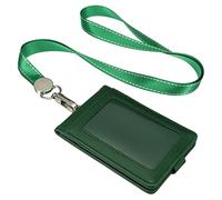 PATIKIL PU Leather ID Badge Holder with Detachable Neck Lanyard Set, Folded Credit Holder with 1 Clear Window 4 Card Slot for Offices, Deep Green
