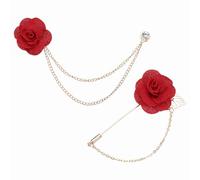 PATIKIL Rose Flower Lapel Pin for Men, 2 Style Cloth Camellia Brooch Kit Gold Leaf Boutonnieres Stick Brooch Tassel Chain Satin Badge Suit Pin for Men Wedding Suit, Red