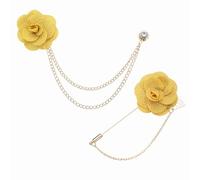 PATIKIL Rose Flower Lapel Pin for Men, 2 Style Cloth Camellia Brooch Kit Gold Leaf Boutonnieres Stick Brooch Tassel Chain Satin Badge Suit Pin for Men Wedding Suit, Dark Yellow