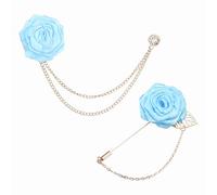 PATIKIL Rose Flower Lapel Pin for Men, 2 Style Solid Cloth Rose Brooch Kit Gold Leaf Boutonnieres Stick Brooch Tassel Chain Satin Badge Suit Pin for Men Wedding Suit, Light Blue
