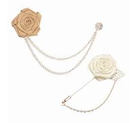 PATIKIL Rose Flower Lapel Pin for Men, 2 Style Solid Cloth Rose Brooch Kit Gold Leaf Boutonnieres Stick Brooch Tassel Chain Satin Badge Suit Pin for Men Wedding Suit, Champagne/Beige