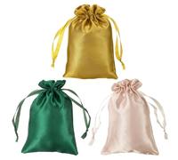 PATIKIL Satin Bags with Drawstring, 3 Pack 6x8 Inch Wedding Favor Bags Mini Gift Packaging Bags for Birthday Christmas Jewelry Party, Green Champagne Gold Tone