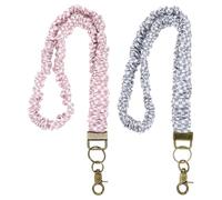 PATIKIL Scrunchie Lanyard Teacher,2 Pcs,Light Pink-White/Light Grey-White | Stretchy for Teachers,Cute Retractable Neck Scrunchie Keychain ID Badge Holder with Clips for Women Keys Gift Cards