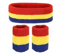 PATIKIL Sports Wristbands Headband Set, 7x8cm Cotton Terry Cloth Athletic Absorbent Sweatband 18x6cm Headband for Tennis Basketball Running, Red Yellow Blue (1 Headband & 2 Wristbands)