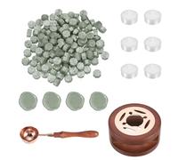 PATIKIL Wax Seal Kit, 150 Pcs Wax Sealing Beads, Wooden Warmer, Melted Spoon, 6 Pcs Tealight Candles for Envelope Letter Mailing Crafts DIY, Green Silver