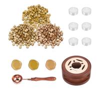 PATIKIL Wax Seal Kit, 150 Pcs Wax Sealing Beads, Wooden Warmer, Melted Spoon, 6 Pcs Tealight Candles for Envelope Letter Mailing Crafts DIY, 3 Gold Tone