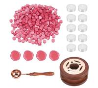 PATIKIL Wax Seal Kit, 300 Pcs Wax Sealing Beads, Wooden Warmer, Melted Spoon, 10 Pcs Tealight Candles for Envelope Letter Mailing Crafts DIY, Rouge Pink