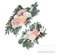 PATIKIL Wedding Arch Flowers,2Pcs Artificial Silk Faux Rose Flower Swag Floral Swags Backdrop with Leaves Clip Bandage for Welcome Sign Ceremony Reception Decor, Champagne/Pink