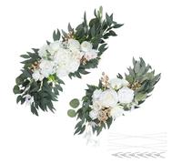 PATIKIL Wedding Arch Flowers,2Pcs Artificial Silk Faux Rose Flower Swag Floral Swags Backdrop with Leaves Clip Bandage for Welcome Sign Ceremony Reception Party, White