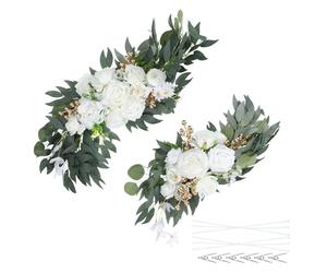 PATIKIL Wedding Arch Flowers,2Pcs Artificial Silk Faux Rose Flower Swag Floral Swags Backdrop with Leaves Clip Bandage for Welcome Sign Ceremony Reception Party, White