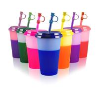 Patinao 7 Pack Color Changing Cups Tumblers with Lids & Straws - 12oz Reusable Plastic Drinking Cups Bulk Party Sippy Cups Cold Water Cup Set (with Silicone Straw Cover)