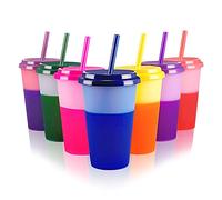 Patinao Cups Tumblers with Lids & Straws - 7 Pack 12 OZ Iced Water Colour Changing Cups for Cold Drinking BPA Free Reusable Plastic Tumbler Set for Party Smoothie Cup Travel Mugs