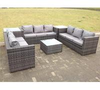 Fimous Patio 9 Seater U Shape Rattan Sofa Set Patio Outdoor Garden Furniture With 3 Coffee Table Dark Grey Mixed