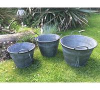 Patio and Terrace Set Of 3 Round Vintage Zinc Galvanised Metal Garden Flower Planter Tub Pot Buckets (L)