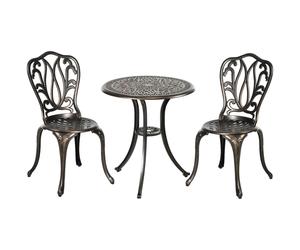 Patio Bistro Set Bronze Tone Aluminium 3pc Table & 2 Chairs Dia60x66Hcm Floral.