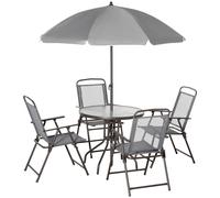 Patio Dining Set 6Pc Brown Steel Mesh Fabric 53.5x64x90cm Tempered Glass InclUmb