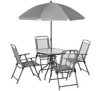 Patio Dining Set 6Pc Brown Steel Mesh Fabric 53.5x64x90cm Tempered Glass InclUmb