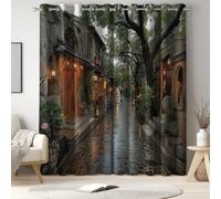 Patio Door Blackout Curtains Grey, Landscape style with Street Canal, Thermal Eyelet Pair, Privacy and Room Darkening, 2 Curtain Panels for Sliding Door W 52" x L 84"