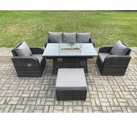 Patio Outdoor Rattan Garden Furniture Set Propane Gas Fire Pit Table Burner with Lounge Sofa Footstool Fimous Dark Grey One Size