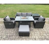 Patio Outdoor Rattan Garden Furniture Set Propane Gas Fire Pit Table Burner with Lounge Sofa Side Table Footstool Fimous Dark Grey One Size
