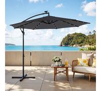 Patio Parasol, 3 m Cantilever Garden Parasol with 32 Solar-Powered LED Lights and Base, UPF 50+ Sun Protection, Grey