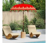 Patio Parasol Red Cotton Round 185x185x260cm Solid Wood Pole Balinese Handcarved