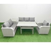 Patio PE Wicker 6 Seater Outdoor Rattan Furniture Sofa Sets with Rectangular Dining Table Reclining Chair Loveseat Sofa 3 Seater Sofa Side Table Light Fimous Light Grey One Size