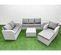 Patio PE Wicker 7 Seater Outdoor Rattan Furniture Sofa Sets with Square Coffee Table Reclining Chair Loveseat Sofa 3 Seater Sofa Big Footstool 2 Side Fimous Light Grey One Size