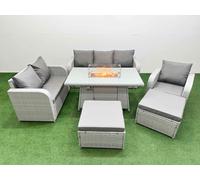 Fimous Patio PE Wicker 8 Seater Outdoor Rattan Furniture Sofa Sets with Firepit Dining Table Loveseat Sofa 2 Big Footstools Light Grey