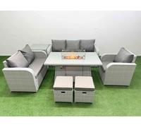 Patio PE Wicker 8 Seater Outdoor Rattan Furniture Sofa Sets with Firepit Dining Table Reclining Chair Loveseat Sofa 3 Seater Sofa Stool Side Table Lig Fimous Light Grey One Size