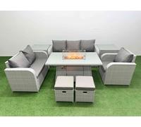Fimous Patio PE Wicker 8 Seater Outdoor Rattan Furniture Sofa Sets with Firepit Dining Table Loveseat Sofa Stool 2 Side Table Light Grey