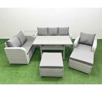 Patio PE Wicker 8 Seater Outdoor Rattan Furniture Sofa Sets with Rectangular Dining Table Reclining Chair Loveseat Sofa 3 Seater Sofa 2 Big Footstools Fimous Light Grey One Size