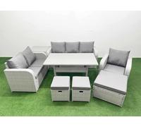 Patio PE Wicker 9 Seater Outdoor Rattan Furniture Sofa Sets with Rectangular Dining Table Reclining Chair Loveseat Sofa 3 Seater Sofa Stool Side Table Fimous Light Grey One Size