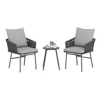 Patio Rattan Bistro Set 3pc | 2 Chairs, Metal Table & Grey Cushions