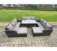 Patio Rattan Garden Furniture Set with Oblong Rectangular Dining Table 11 Seater Outdoor Lounge Sofa Set Dark Grey Mixed Fimous Dark Grey One Size