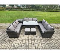 Fimous 11-Seater Dark Grey Rattan Outdoor Lounge Set | Oblong Rectangular Dining Table, 2 Footstools, Side Table