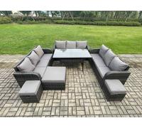 Fimous Patio Rattan Garden Furniture Set with Oblong Rectangular Dining Table 3 Footstools 12 Seater Outdoor Lounge Sofa Set Dark Grey Mixed