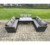 Fimous Patio Rattan Garden Furniture Set with Oblong Rectangular Dining Table 9 Seater Outdoor Lounge Sofa Set Dark Grey Mixed
