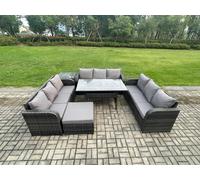 Patio Rattan Garden Furniture Set with Oblong Rectangular Dining Table Big Footstool Side Table 10 Seater Outdoor Lounge Sofa Set Fimous Dark Grey One Size