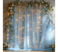 Patioman 10x10ft Baby Blue Tulle Backdrop Curtain with String Lights, Wrinkle-Free Sheer Baby Shower Backdrop for Birthday Party, Bridal Shower, Photo Shoots, Wedding and Home Decorations, Baby Blue