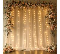 Patioman 10x10ft Champagne Tulle Backdrop Curtain with String Lights, Wrinkle-Free Sheer Wedding Backdrop for Birthday Parties, Baby Shower, Bridal Shower, Photo Shoots and Home Decorations, Champagne