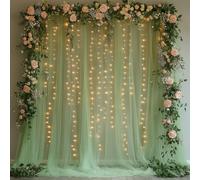 Patioman 10x10ft Green Tulle Backdrop Curtain with String Lights, Wrinkle-Free Sheer Wedding Backdrop for Birthday Parties, Baby Showers, Bridal Showers, Photo Shoots and Home Decorations, Green