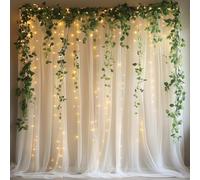 Patioman 10x10ft Ivory Tulle Backdrop Curtain with String Lights, Wrinkle-Free Sheer Wedding Backdrop for Birthday Parties, Baby Showers, Bridal Showers, Photo Shoots and Home Decorations, Ivory