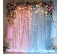 Patioman 10x10ft Pink Blue Tulle Backdrop Curtain with String Lights, Wrinkle-Free Sheer Wedding Backdrop for Birthday Parties, Baby Showers, Bridal Showers, Photo Shoots and Home Decor, Pink Blue
