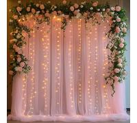 Patioman 10x10ft White Tulle Backdrop Curtain with String Lights, Wrinkle-Free Sheer Wedding Backdrop for Birthday Parties, Baby Showers, Bridal Showers, Photo Shoots and Home Decorations, Pink
