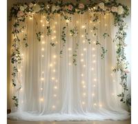 Patioman 10x10ft White Tulle Backdrop Curtain with String Lights, Wrinkle-Free Sheer Wedding Backdrop for Birthday Parties, Baby Showers, Bridal Showers, Photo Shoots and Home Decorations, White