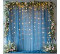 Patioman 10x8ft Baby Blue Tulle Backdrop Curtain with String Lights, Wrinkle-Free Sheer Wedding Backdrop for Birthday Parties, Baby Shower, Bridal Shower, Photo Shoots and Home Decorations, Baby Blue