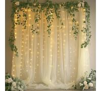 Patioman 10x8ft Ivory Tulle Backdrop Curtain with String Lights, Wrinkle-Free Sheer Wedding Backdrop for Birthday Parties, Baby Showers, Bridal Showers, Photo Shoots and Home Decorations, Ivory