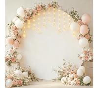 Patioman 7.2FT Round Backdrop Cover with Fairy Lights for Wedding Arch Stand, Wrinkle-Resistant Circle Balloon Arch Cover with LED Lights for Wedding Birthday Party Baby Shower Ceremony Decor, White
